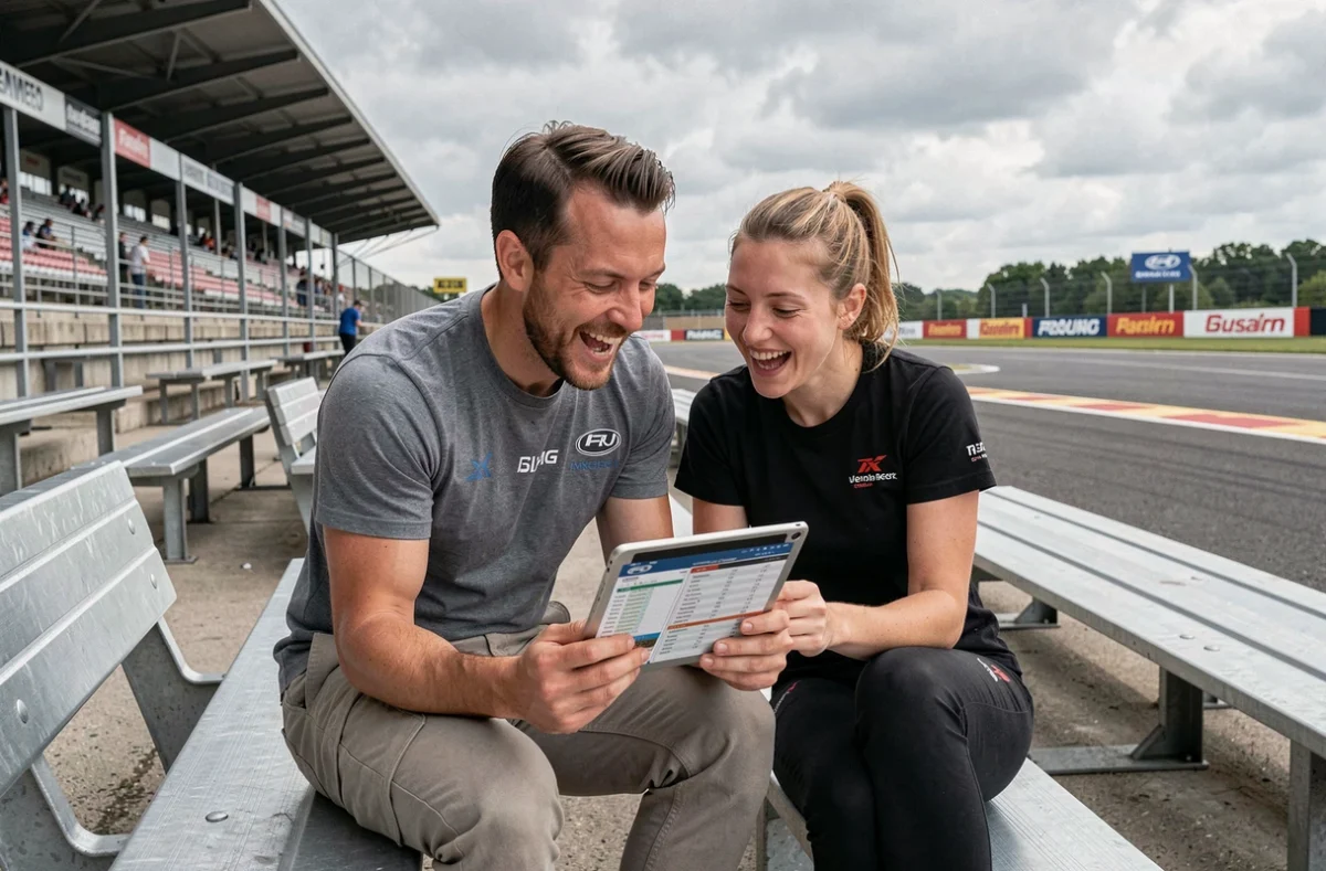 Deux amis comparant leurs billets et le programme de la course Bol d'Or 2026 dans les tribunes du circuit