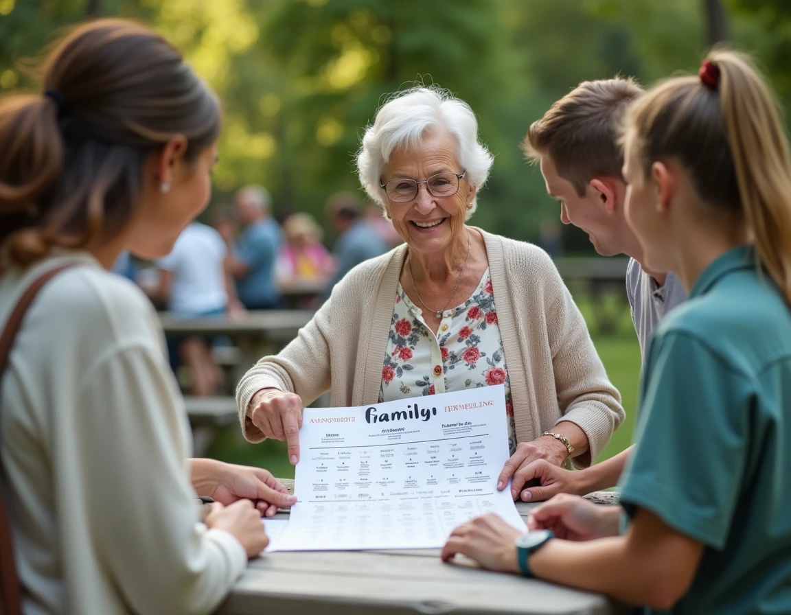 Une grand-mère présente un arbre généalogique manuscrit à de jeunes membres de la famille lors d'une cousinade organisée dans un parc