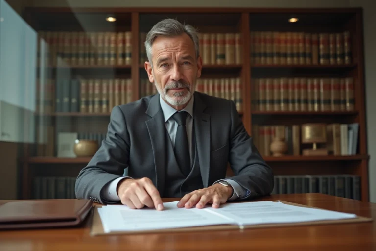 Avocat en droit des affaires examinant les documents officiels d'une liquidation judiciaire dans un cabinet juridique