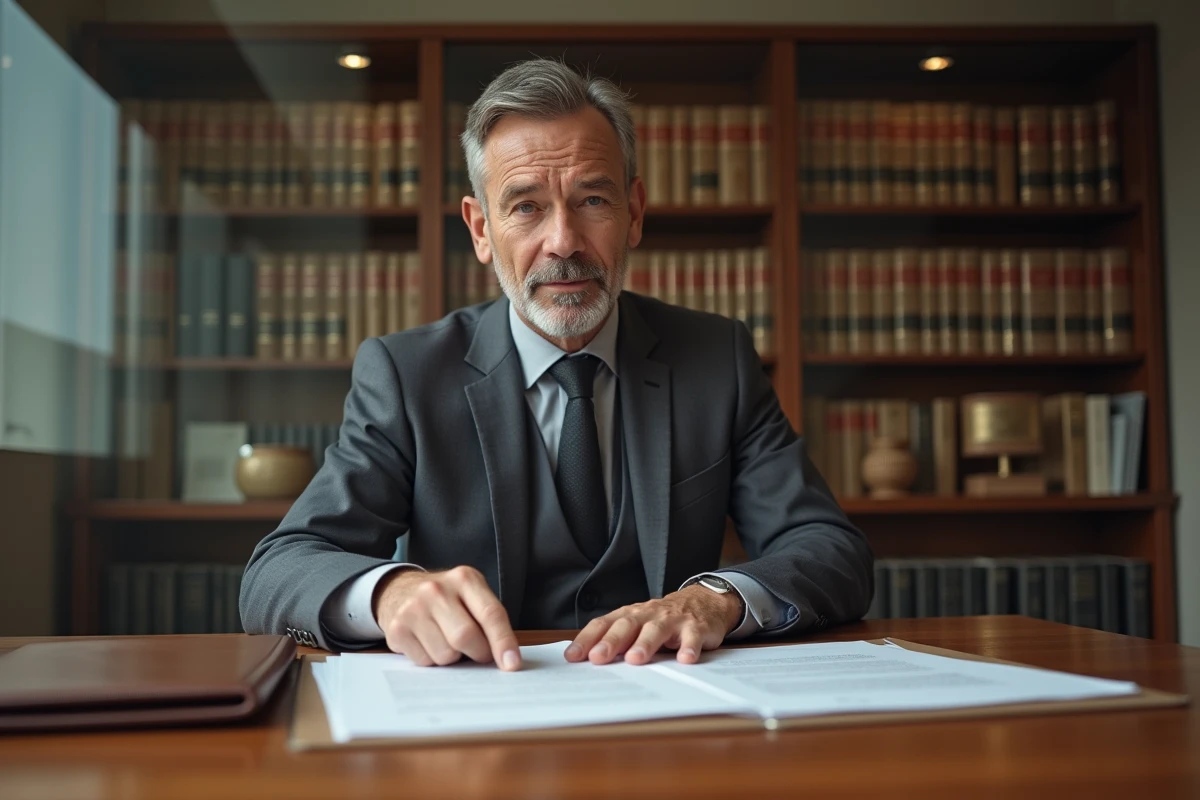 Avocat en droit des affaires examinant les documents officiels d'une liquidation judiciaire dans un cabinet juridique