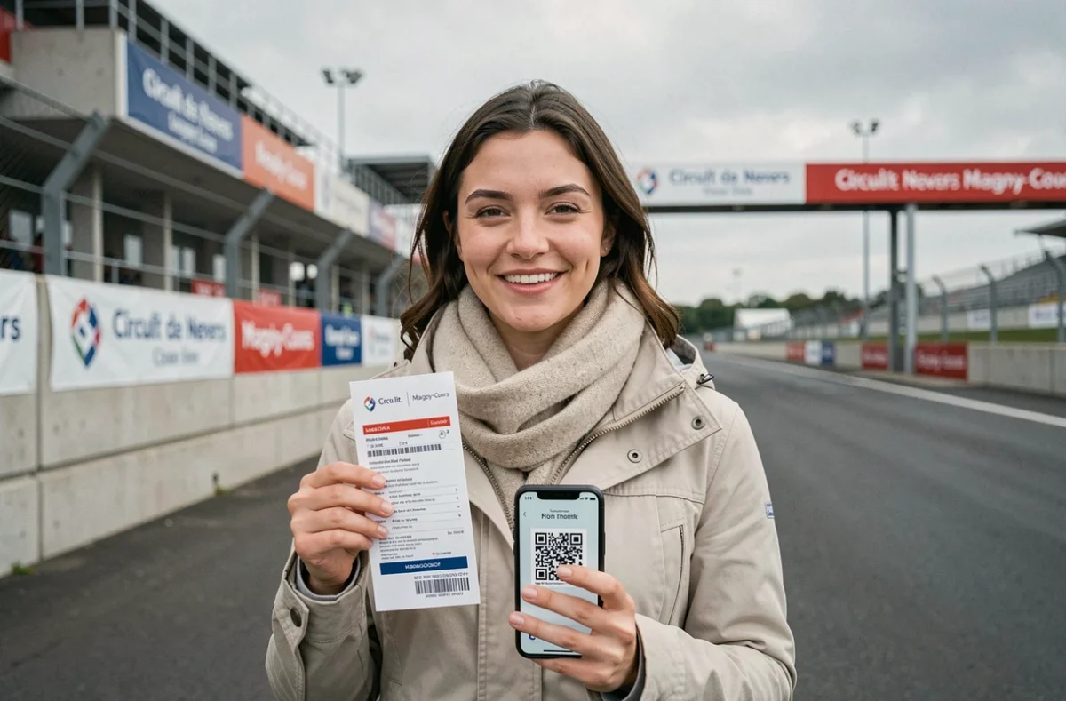 Femme tenant son billet imprimé et sa confirmation de réservation pour le Bol d'Or 2026 devant l'entrée du circuit