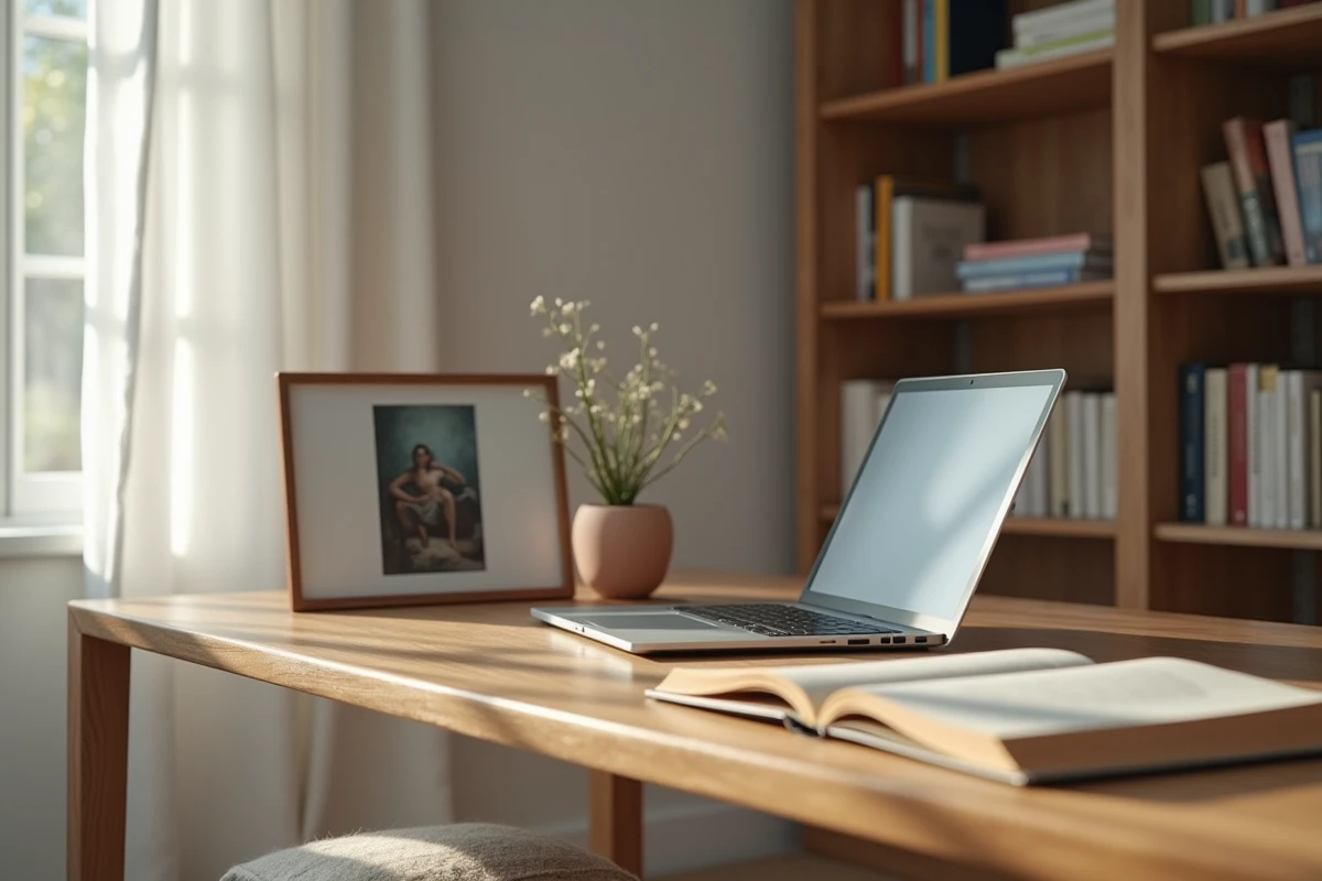 Bureau personnel discret avec ordinateur fermé et photo tournée, symbole de vie privée protégée et de mystère autour d'un personnage public