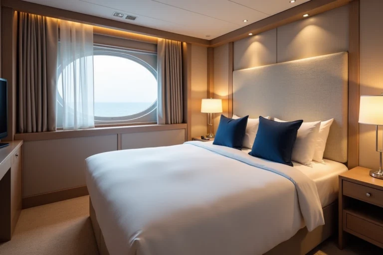 Cabine standard Costa Croisières avec lit double, hublot et décoration marine moderne