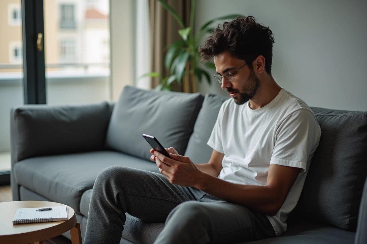 Personne utilisant un smartphone pour modifier son RIB sur le site de Pôle Emploi depuis son salon