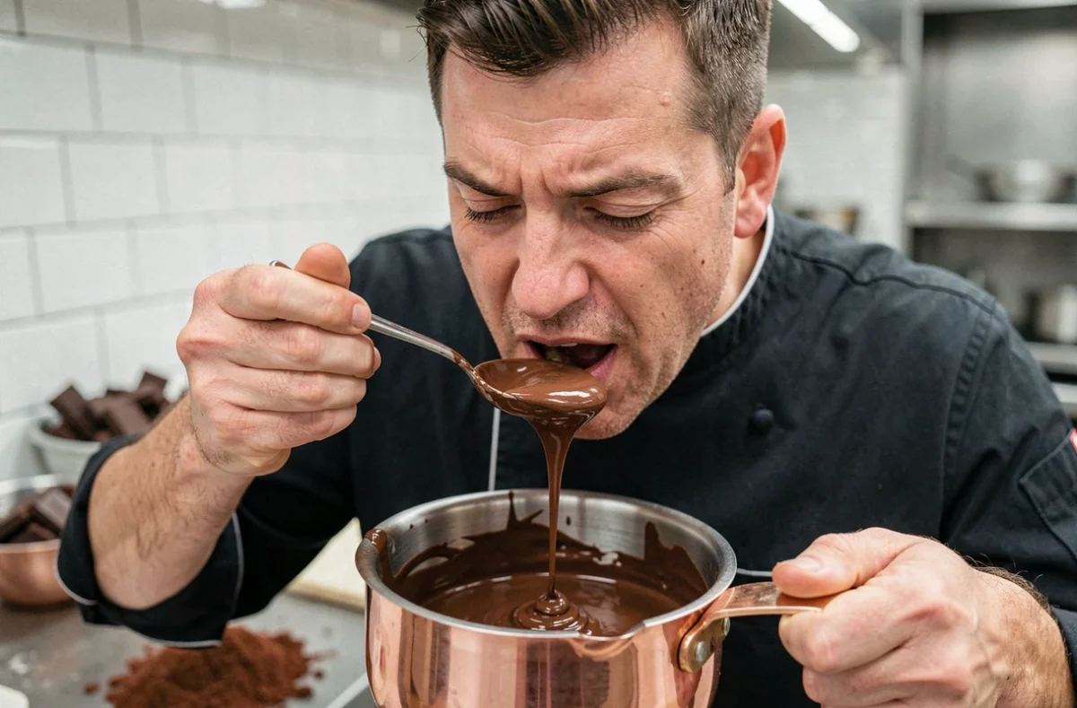 Chef pâtissier dégustant une ganache au chocolat dans une cuisine professionnelle avec plan de travail en inox