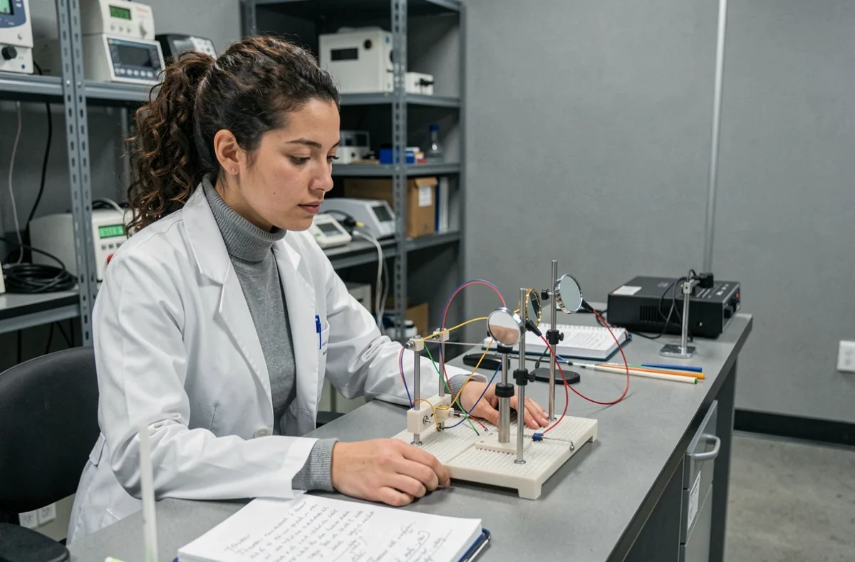 Chercheuse en physique quantique étudiant un dispositif d'optique quantique dans un laboratoire universitaire