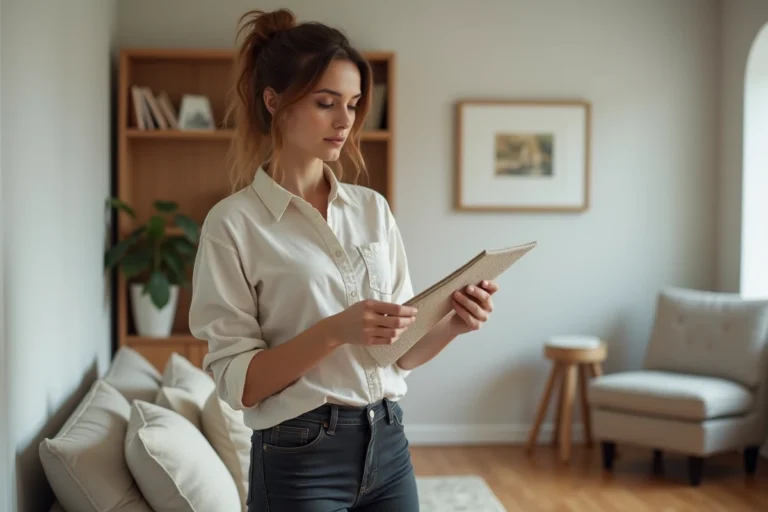 Femme choisissant des équipements et matières pour décorer son salon moderne et confortable