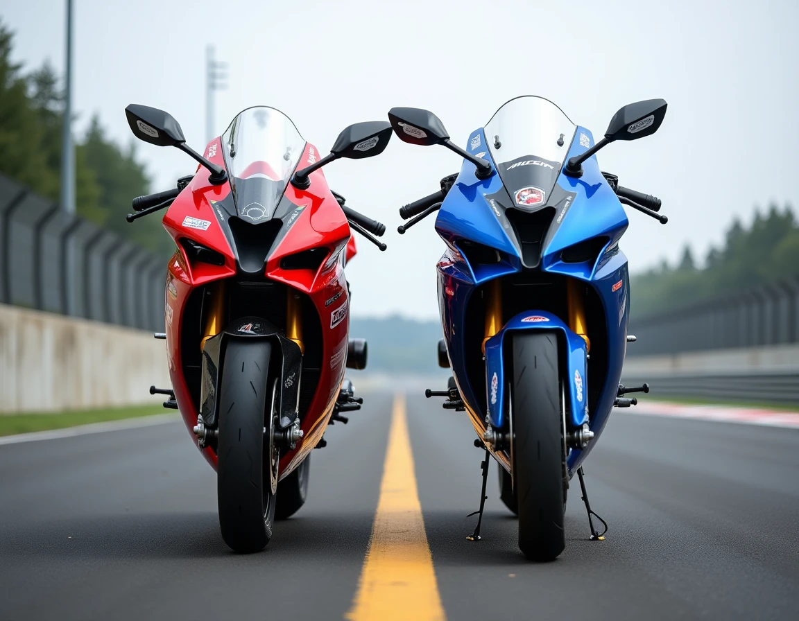 Deux motos sportives côte à côte dans un paddock pour une comparaison de performances