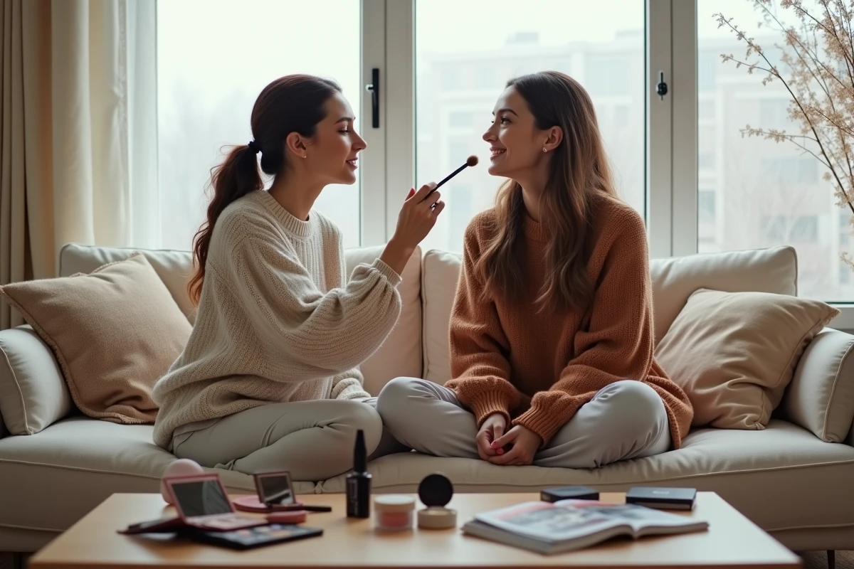 Deux femmes partageant des conseils maquillage avec palettes de fards et pinceaux sur un canapé scandinave