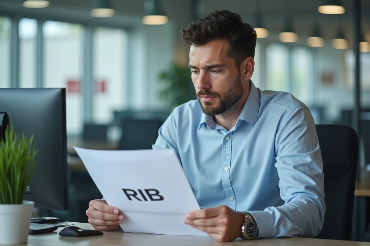 Homme consultant un document RIB dans une agence administrative pour mettre à jour ses coordonnées bancaires