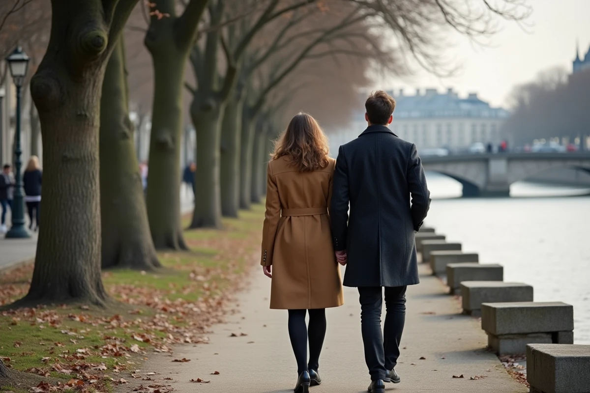 Couple anonyme se promenant le long des quais de la Seine à Paris, illustrant la discrétion autour du compagnon de Charlotte d'Ornellas