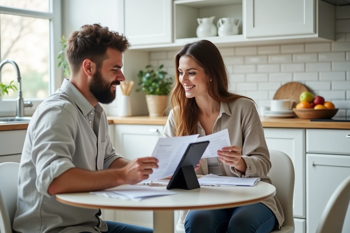 Couple consultant ensemble des informations de mariage sur une tablette à la maison