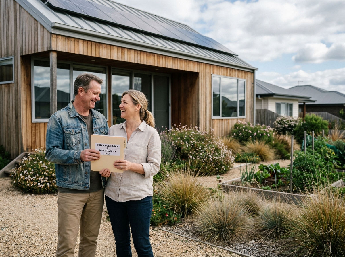 Couple souriant devant maison écologique avec panneaux solaires