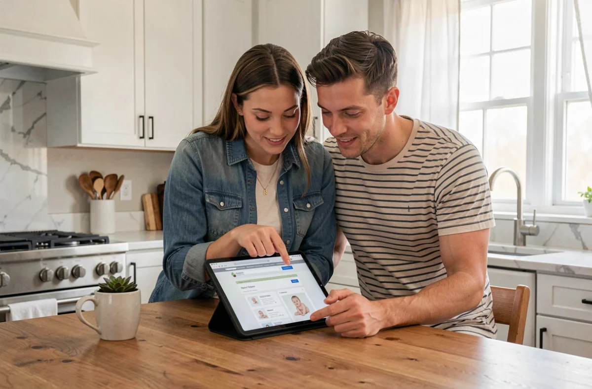 Couple consulte une liste de naissance en ligne sur une tablette dans une cuisine moderne