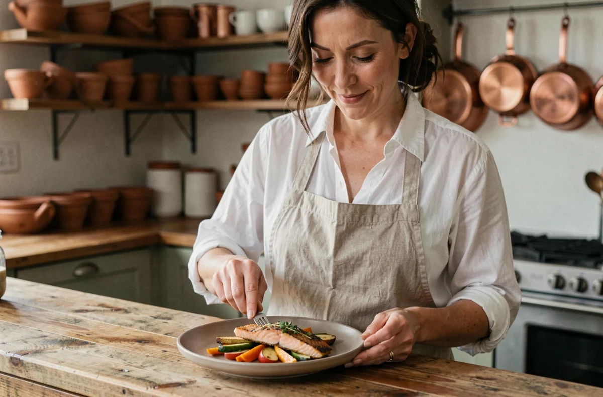 Femme cuisinière dressant une assiette gourmande de saumon et légumes rôtis dans une cuisine rustique aux comptoirs en chêne
