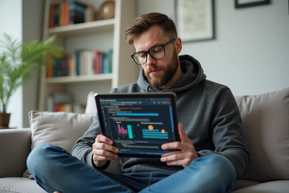 Développeur lisant un article sur les tendances technologiques via une tablette dans un home office minimaliste