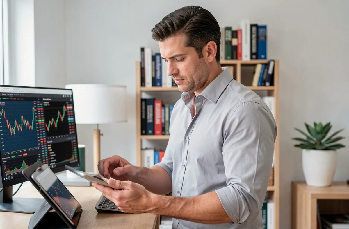 Entrepreneur consultant les dernières actualités économiques sur une tablette dans un bureau à domicile