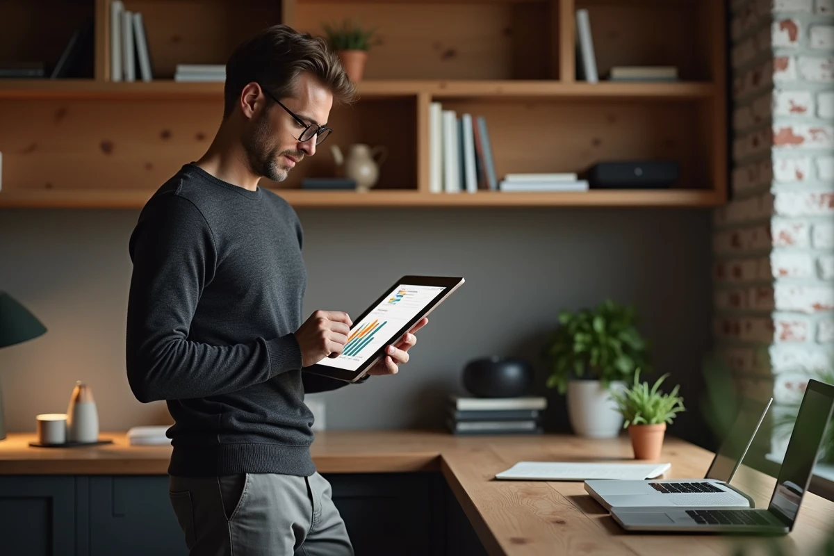 Entrepreneur masculin en télétravail consultant des graphiques de croissance e-commerce sur tablette