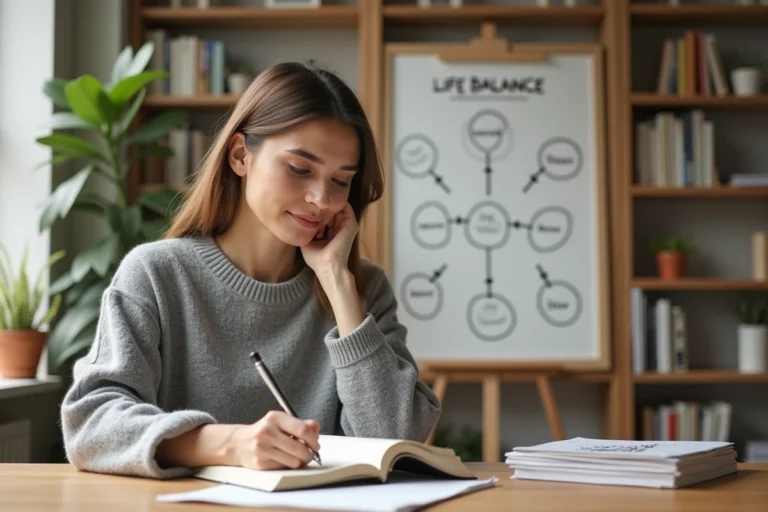 Femme concentrée écrivant dans un journal de développement personnel à son bureau, avec une carte mentale des 5 sphères de vie sur le mur