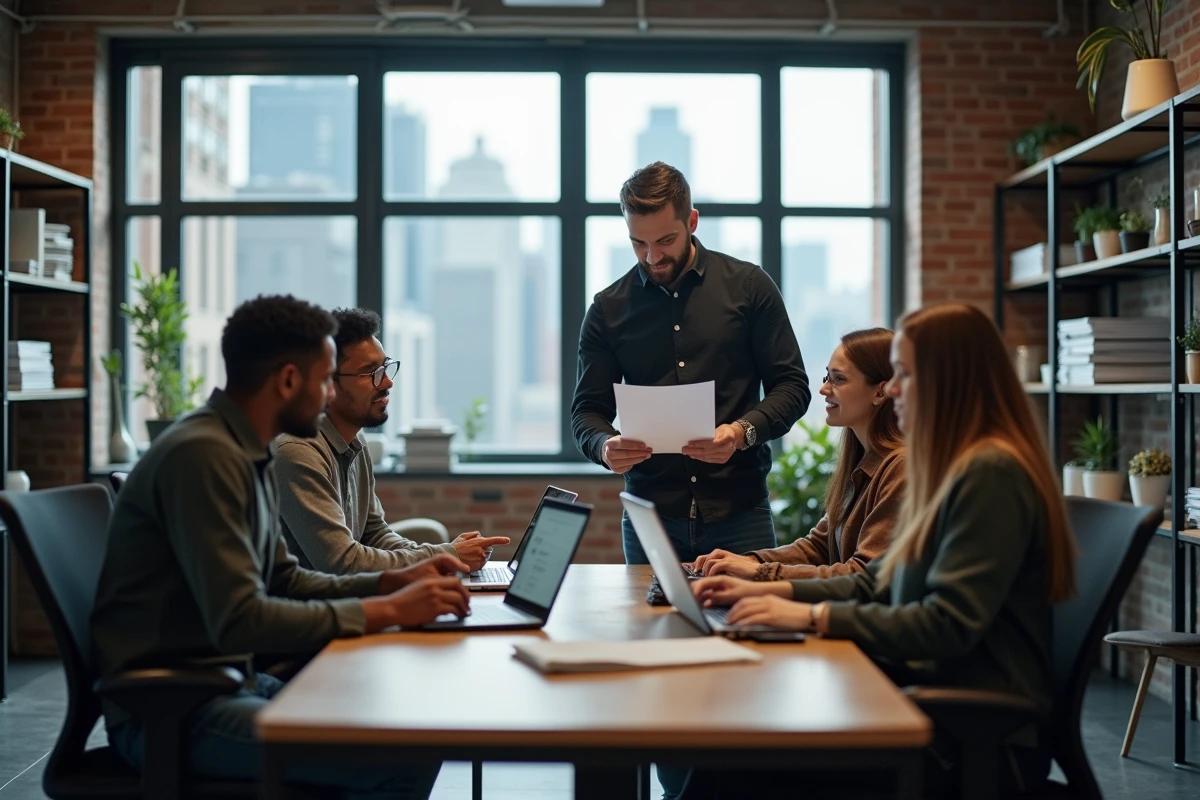 Équipe de professionnels tech discutant des dernières tendances informatiques autour d'articles de blog IT