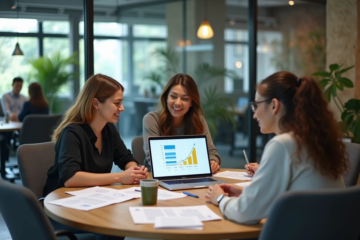 Équipe professionnelle en réunion stratégie marketing digital dans un espace de coworking moderne