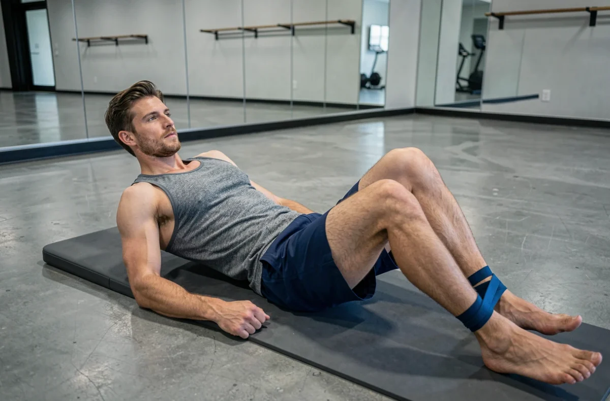 Homme réalisant un crunch cycliste avec élastique sur tapis de sport dans une salle de fitness moderne, vue en plongée
