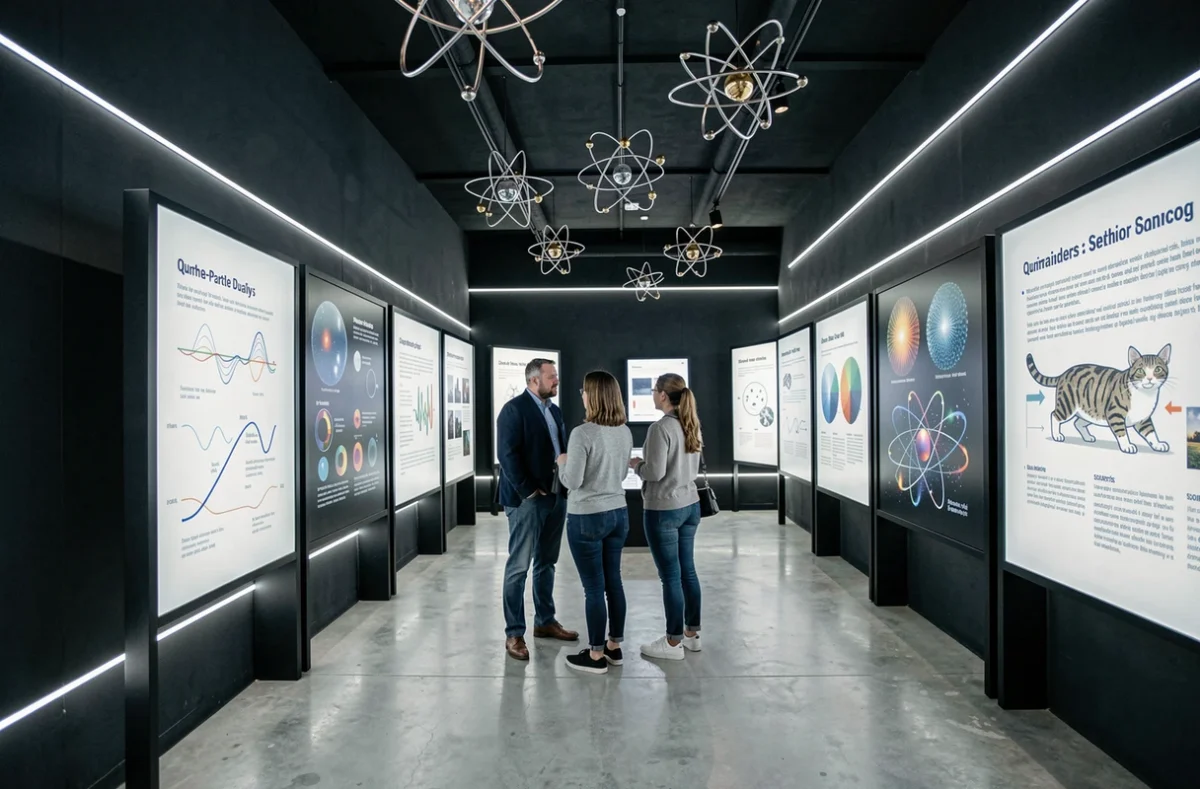 Visiteurs découvrant une exposition interactive sur la physique quantique dans un musée scientifique moderne