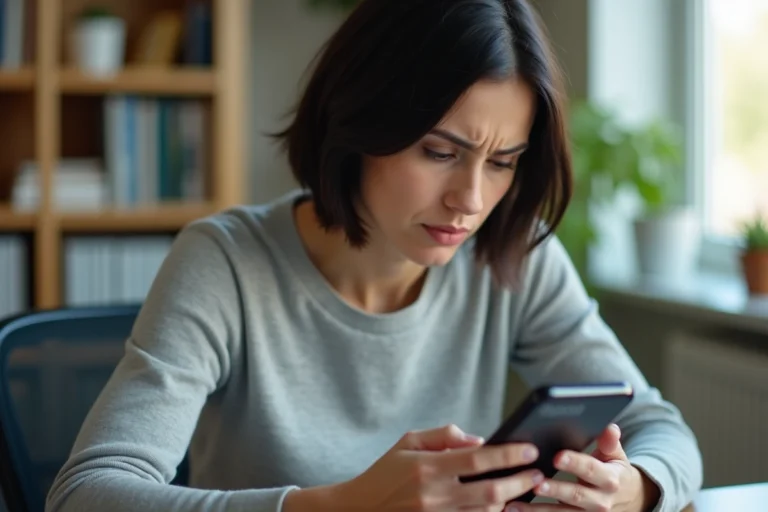 Femme consultant l'historique des appels manqués sur son smartphone pour identifier un numéro inconnu