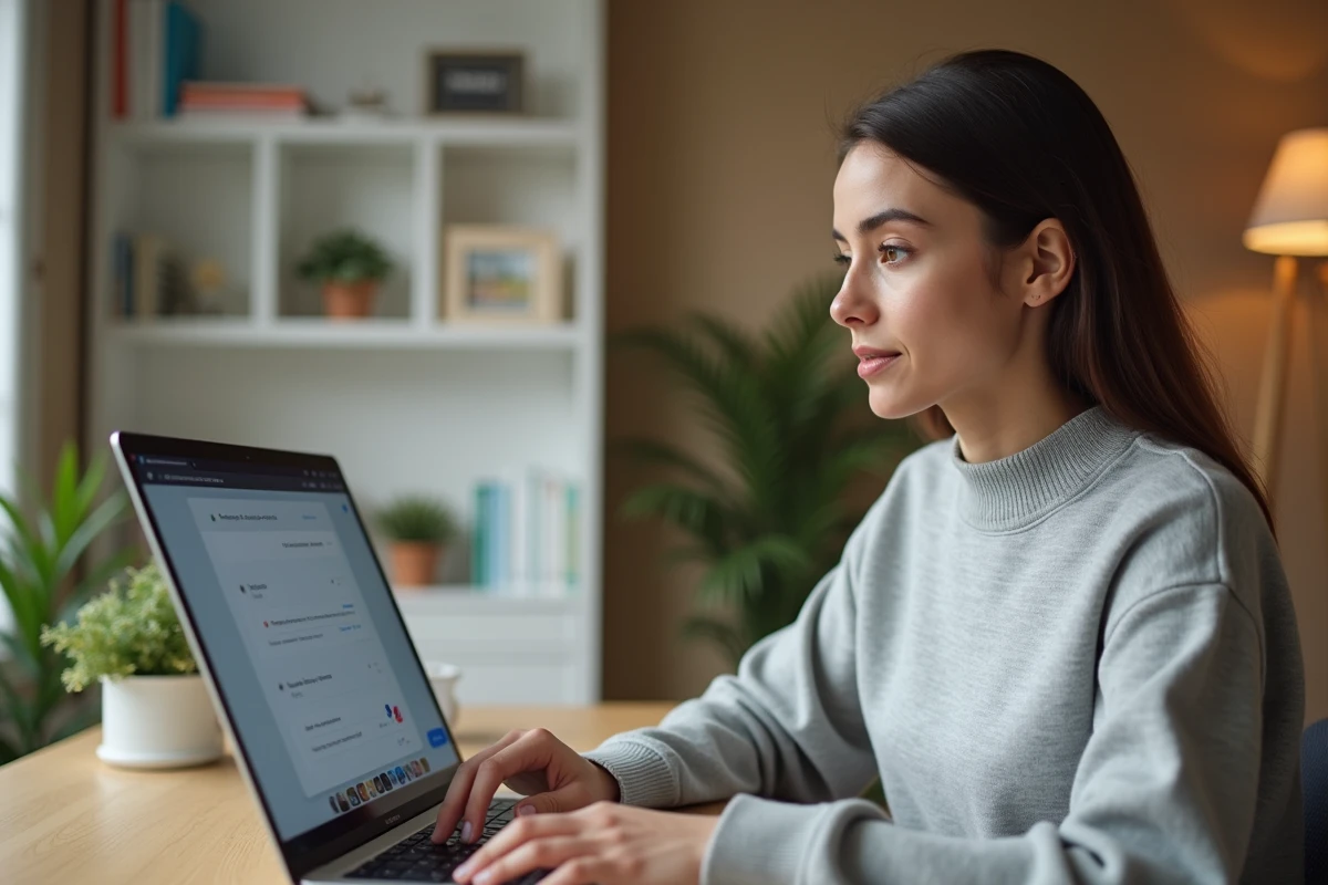 Femme arrêtant la synchronisation Google Drive sur son ordinateur portable dans un bureau à domicile