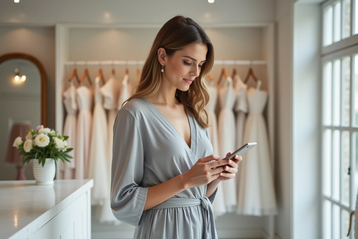 Femme consultant le site infomariagefr sur son smartphone dans une boutique de mariage