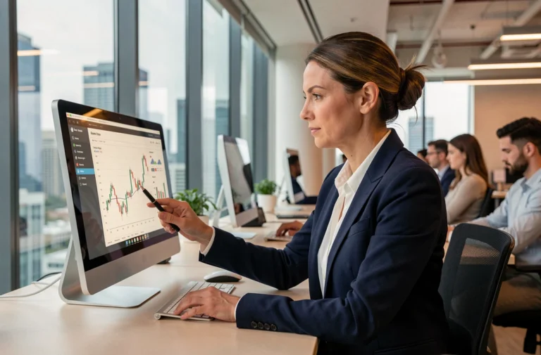 Femme cadre analysant des graphiques économiques sur un écran dans un bureau moderne en ville