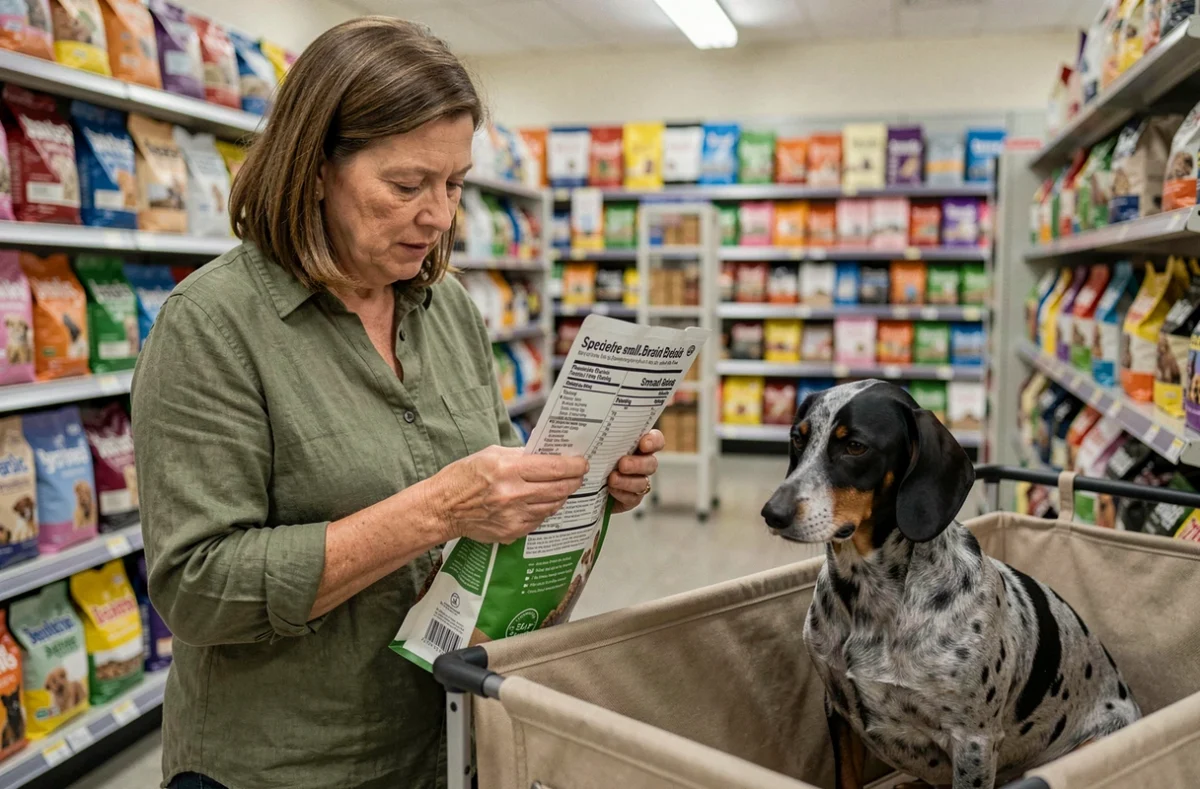 Femme lisant l'étiquette d'un sac de nourriture pour chien avec un teckel arlequin dans un magasin animalier