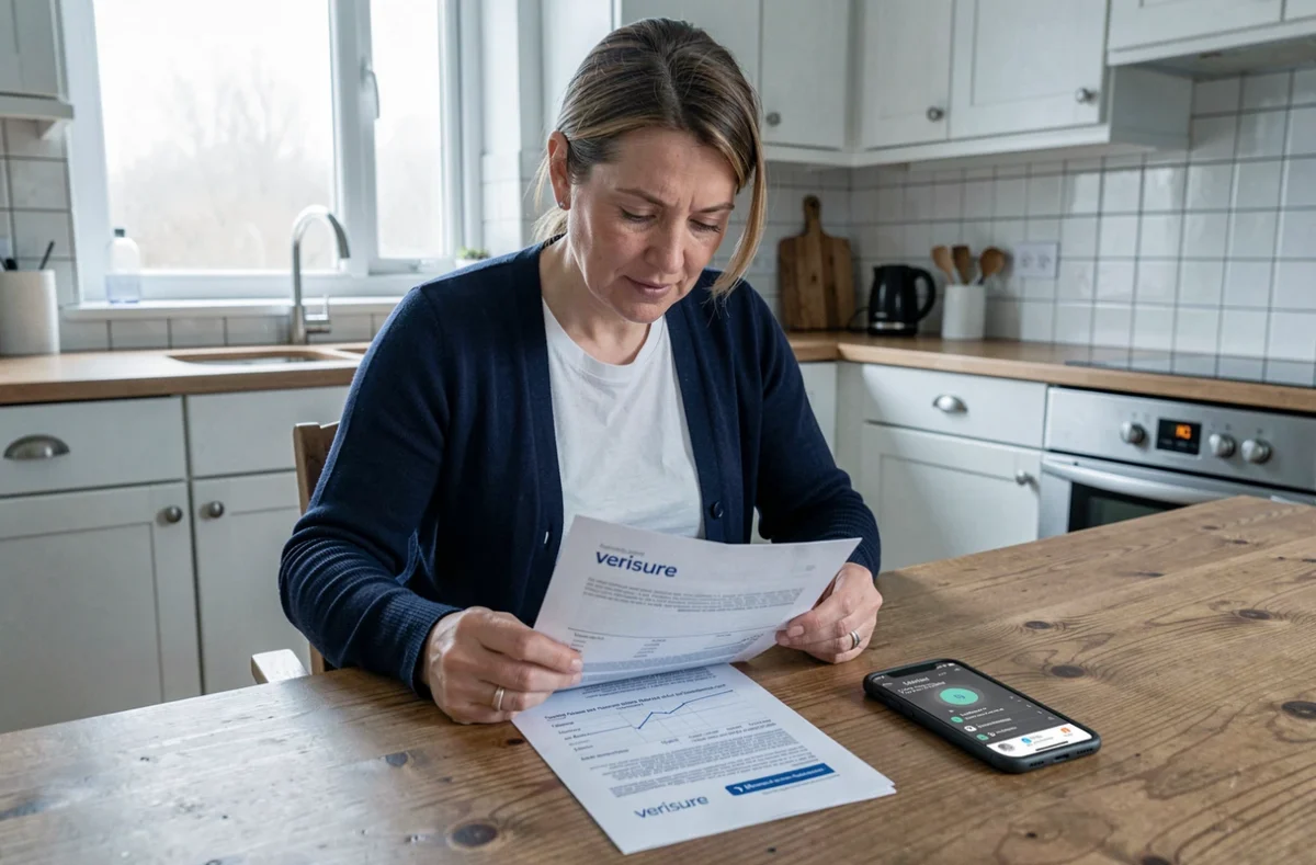 Femme consultant le manuel Verisure et une application de sécurité sur smartphone à la cuisine