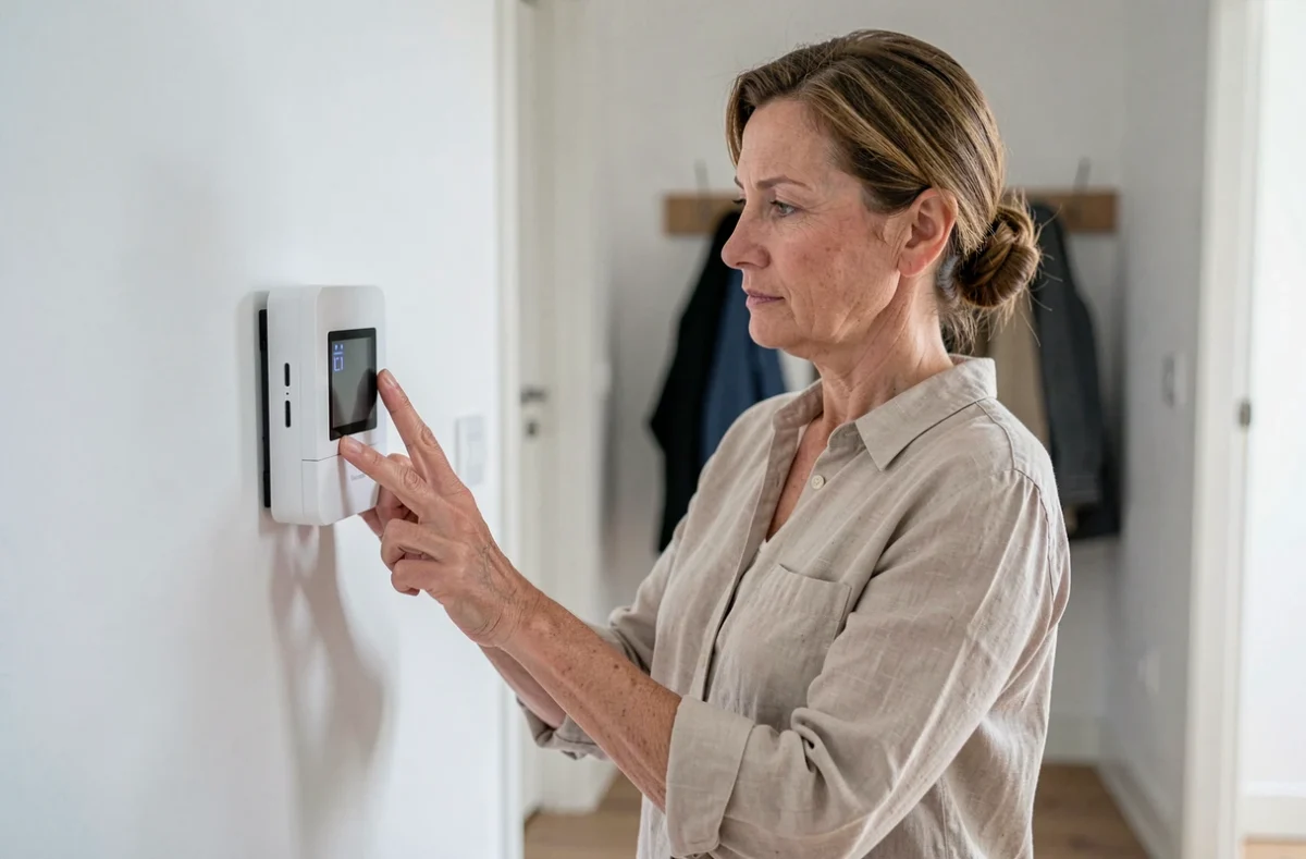 Femme désactivant un panneau d'alarme Verisure dans un couloir de maison moderne