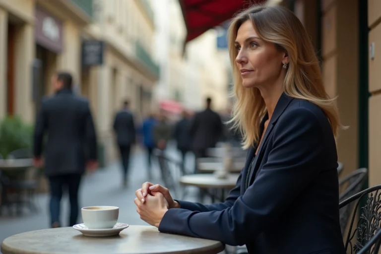 Femme élégante seule à une terrasse de café parisien, regard pensif, illustrant le mystère autour de la vie privée de Charlotte d'Ornellas