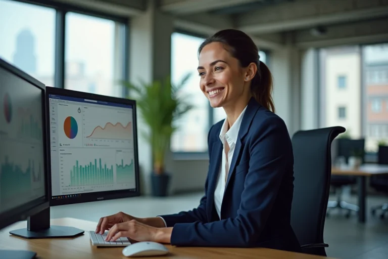 Femme entrepreneur analysant des tableaux de bord de tendances business en ligne dans un bureau moderne