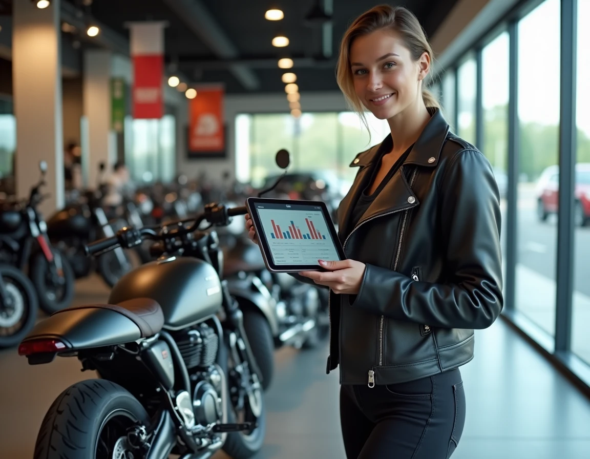 Femme passionnée de moto consultant un comparatif de performances sur tablette dans une concession