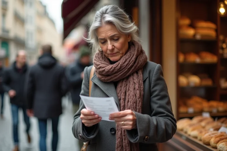 Femme française devant une boulangerie à Paris vérifiant un reçu