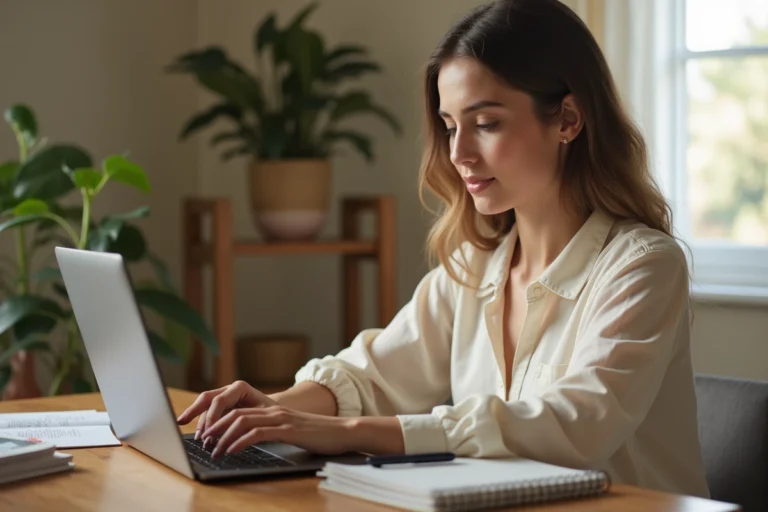 Jeune femme consultant un site de planification de mariage sur son ordinateur portable dans un bureau à domicile