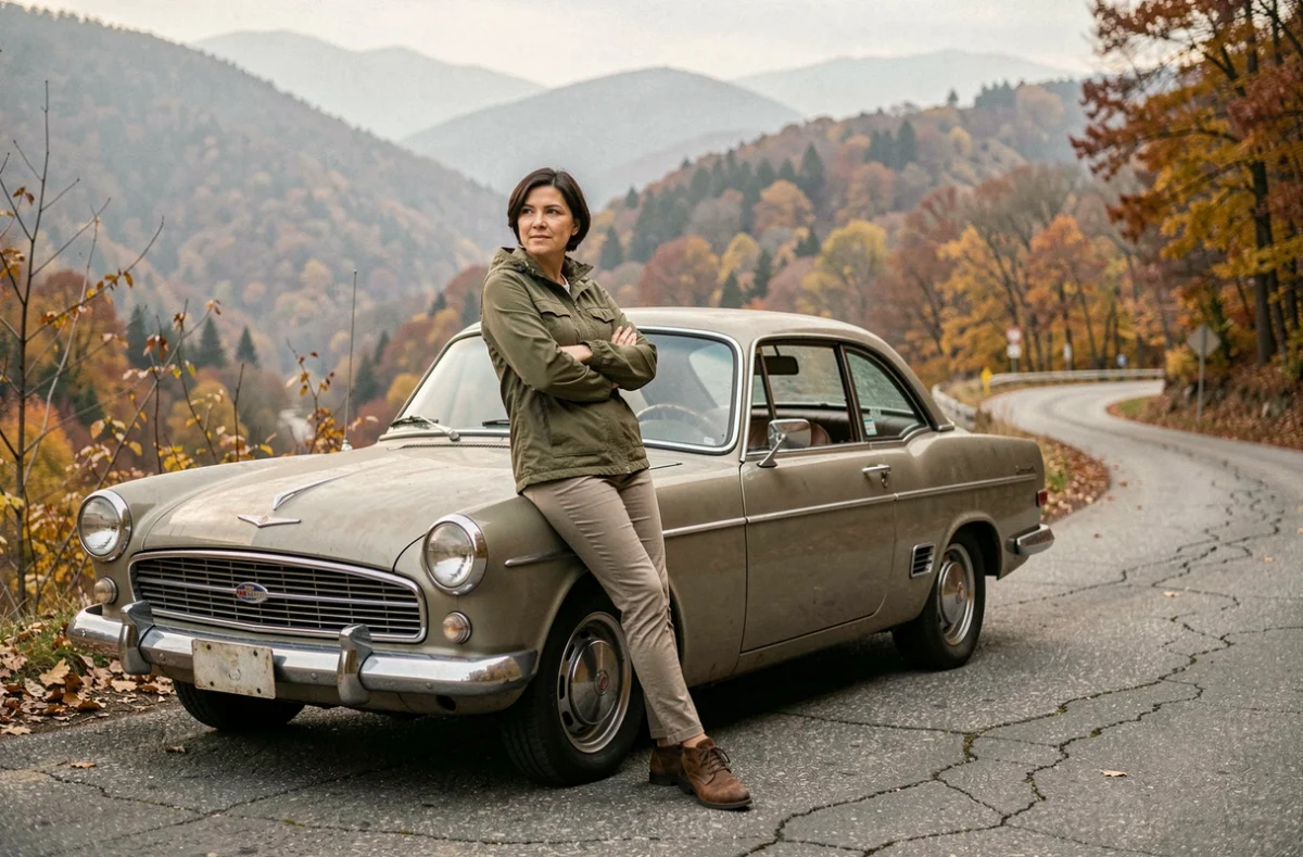 Femme passionnée de voitures classiques appuyée sur une ancienne automobile sur une route de montagne en automne