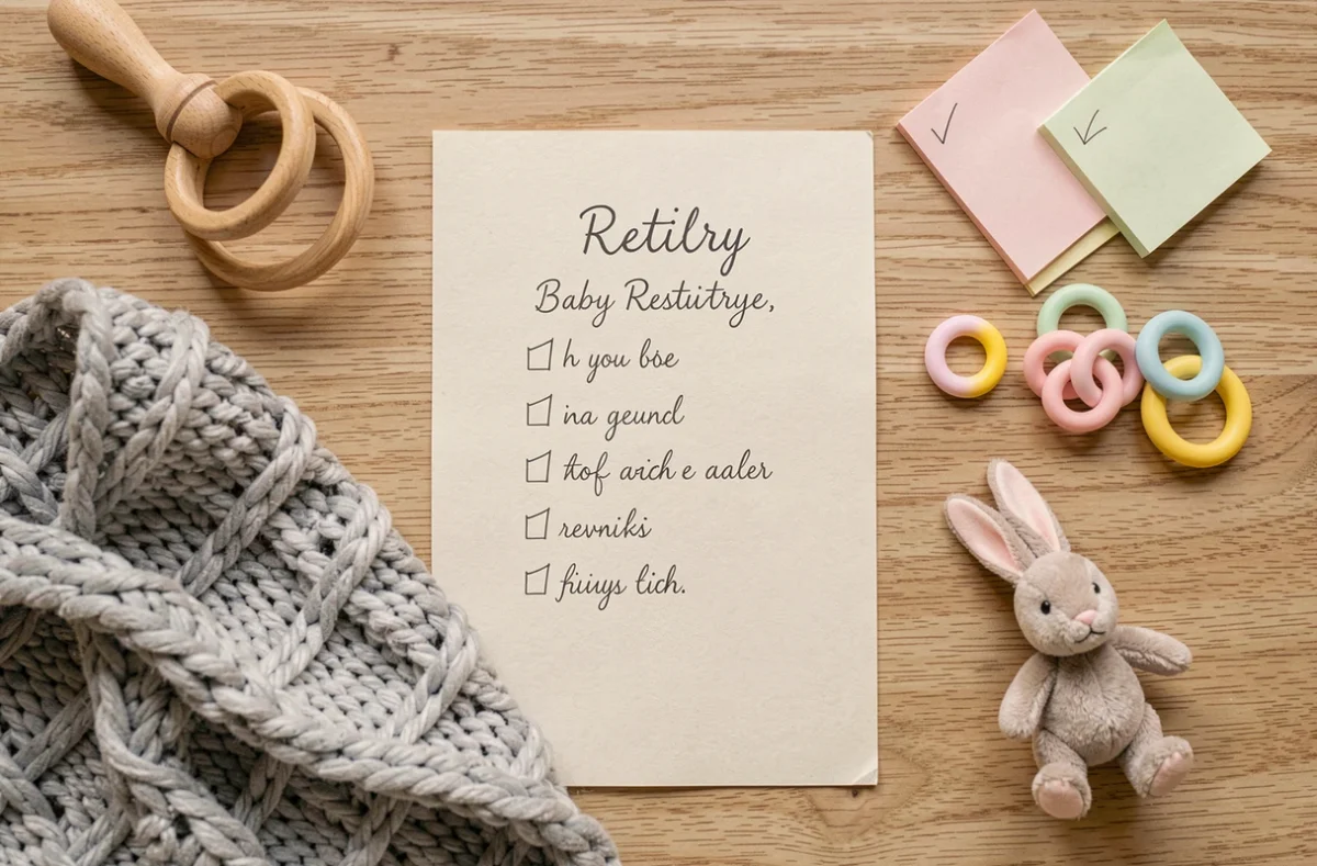 Flat lay d'une liste de naissance manuscrite entourée d'accessoires et cadeaux pour bébé sur un bureau en bois