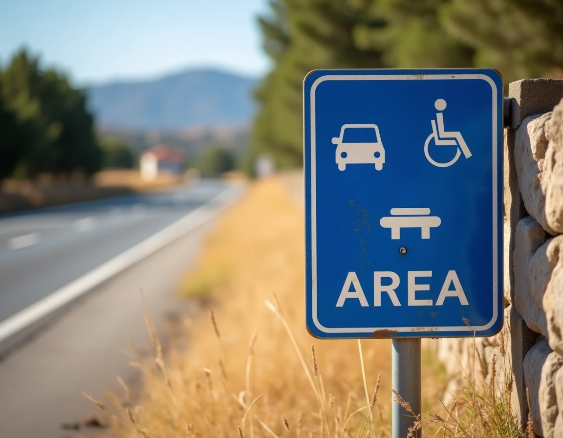 Gros plan d'un panneau bleu de signalisation routière espagnole indiquant une aire de repos sur autoroute gratuite