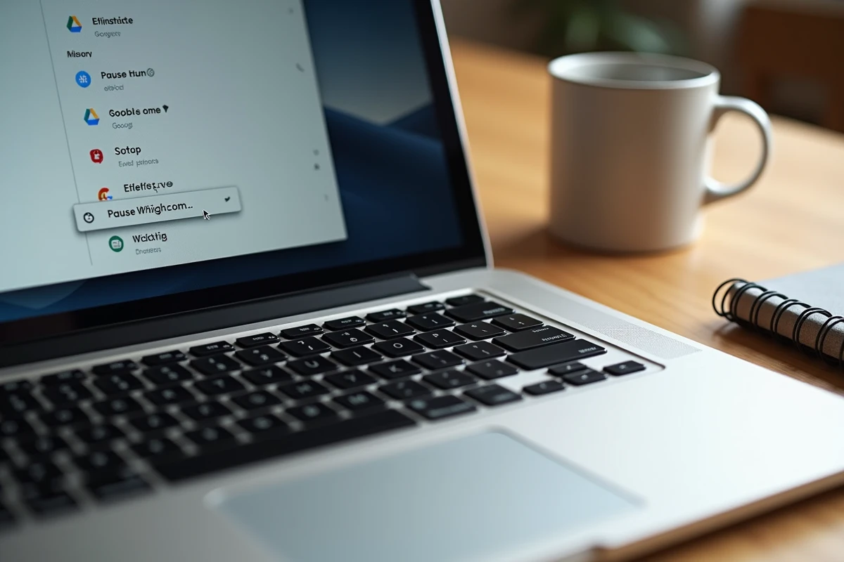 Gros plan sur l'écran d'un MacBook affichant l'option de pause de la synchronisation Google Drive