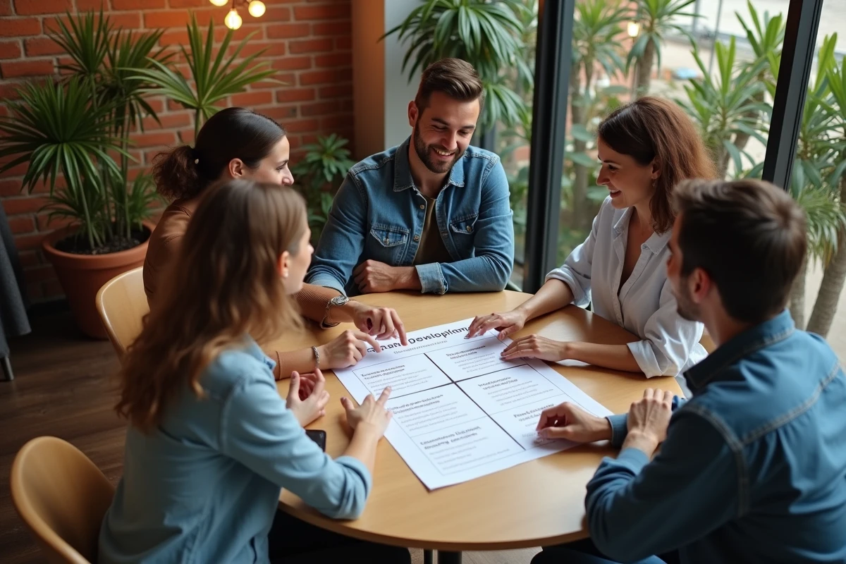 Groupe de trois adultes collaborant autour d'un tableau des 5 sphères de développement personnel dans un espace de coworking moderne
