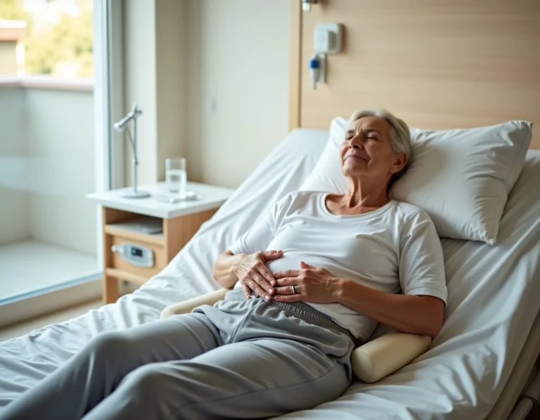 Femme âgée allongée dans un lit d'hôpital après une fracture du bassin, avec coussin orthopédique sous les genoux