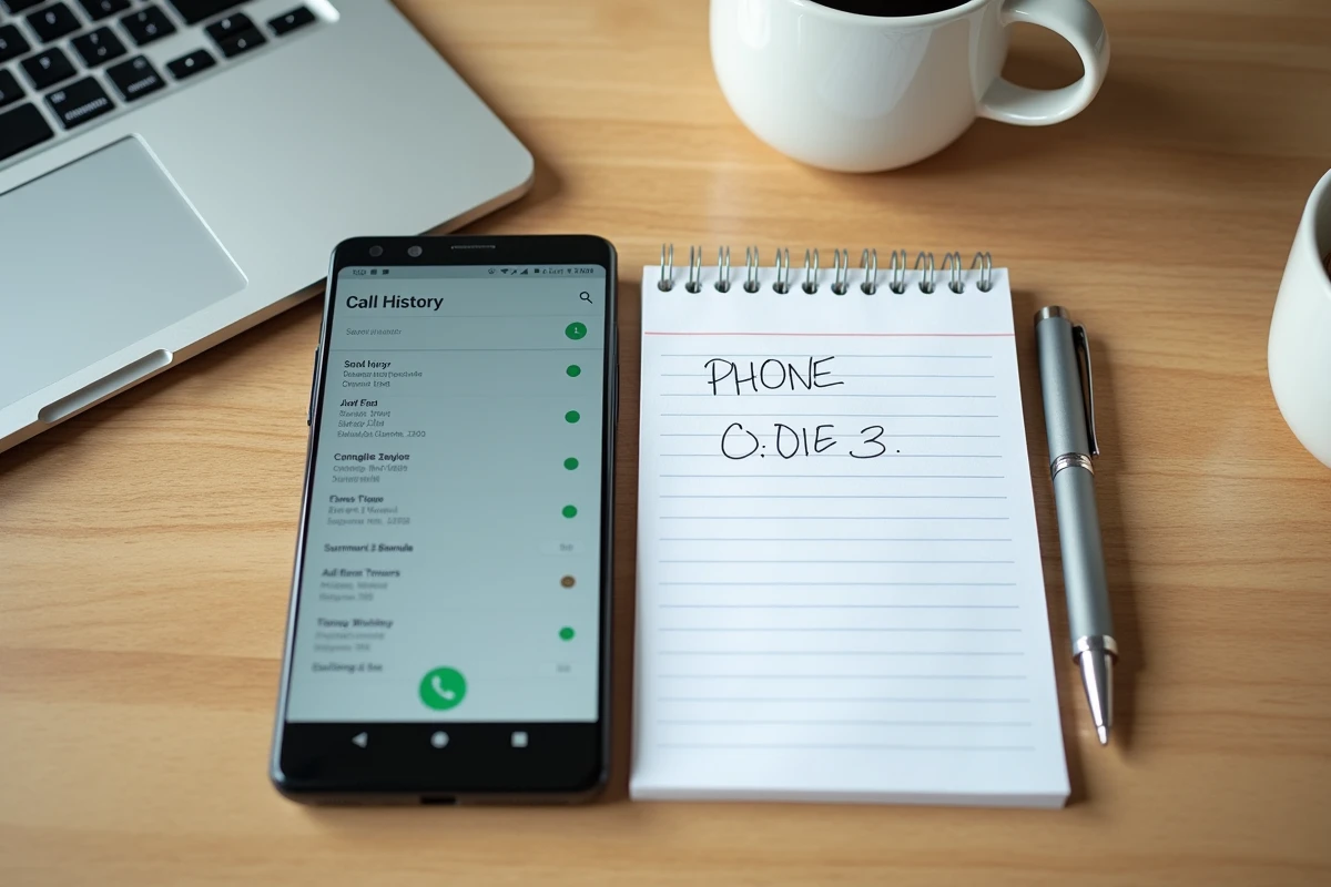 Smartphone affichant un historique d'appels avec numéros inconnus posé sur un bureau en bois avec un carnet de notes