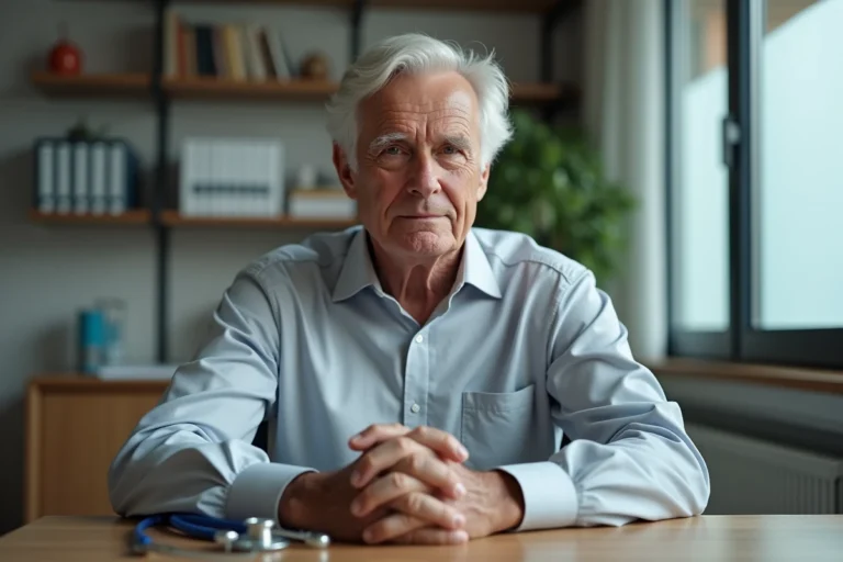 Portrait d'un homme âgé et distingué assis dans un bureau médical, symbolisant le combat contre le cancer et la résilience face à la maladie