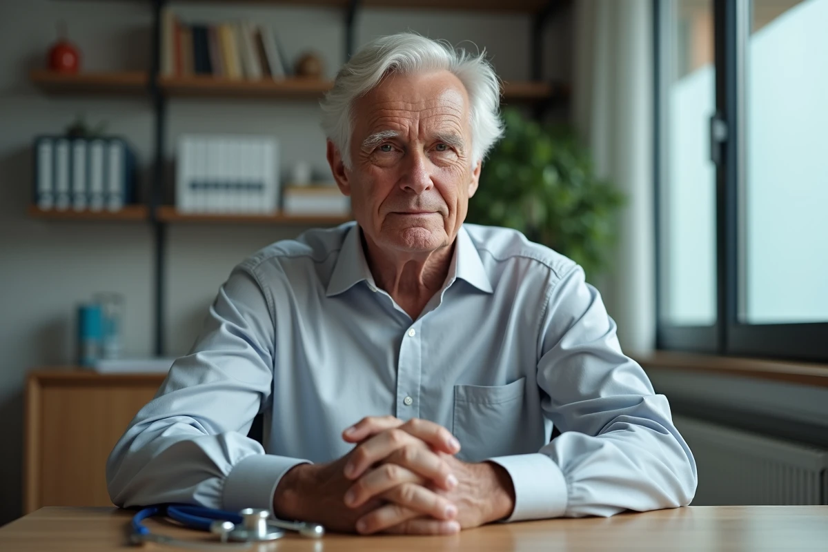 Portrait d'un homme âgé et distingué assis dans un bureau médical, symbolisant le combat contre le cancer et la résilience face à la maladie