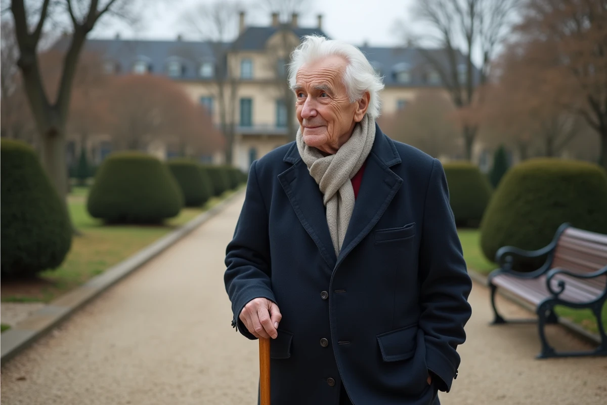 Homme âgé et déterminé se promenant dans un jardin parisien en automne, évoquant la résilience et le parcours d'un patient face au cancer