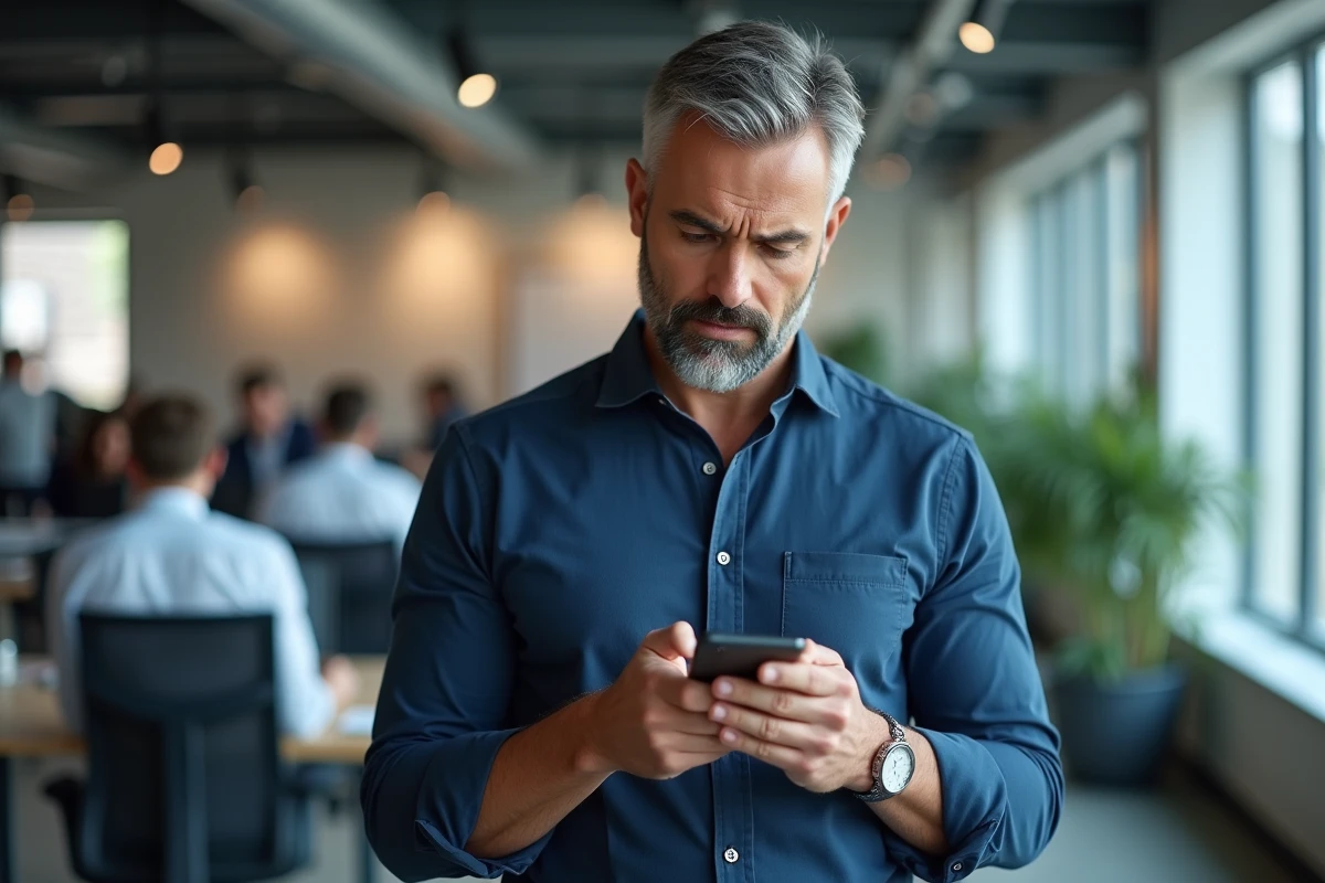 Homme en entreprise vérifiant un appel manqué inconnu sur son téléphone portable au bureau